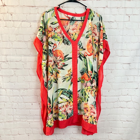 Merona‎ Flamingo Floral Print Cover Up Tunic Top Coral Trim L/G - Picture 1 of 4